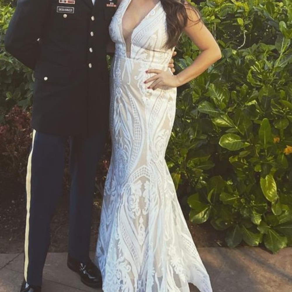 EUC - White & tan sequin gown
